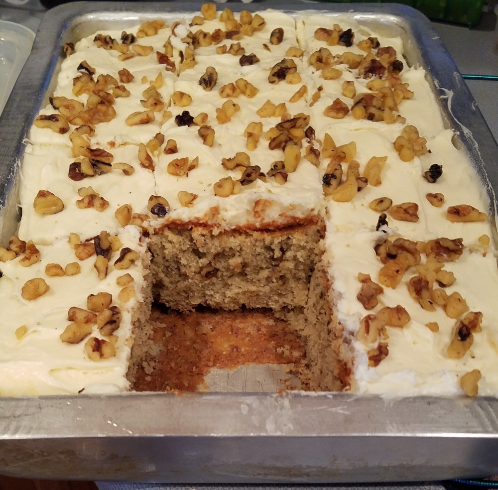 banana cake cut in pan