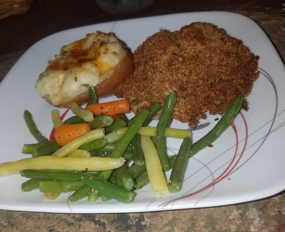Oven baked breaded chicken, twice baked potatoes
